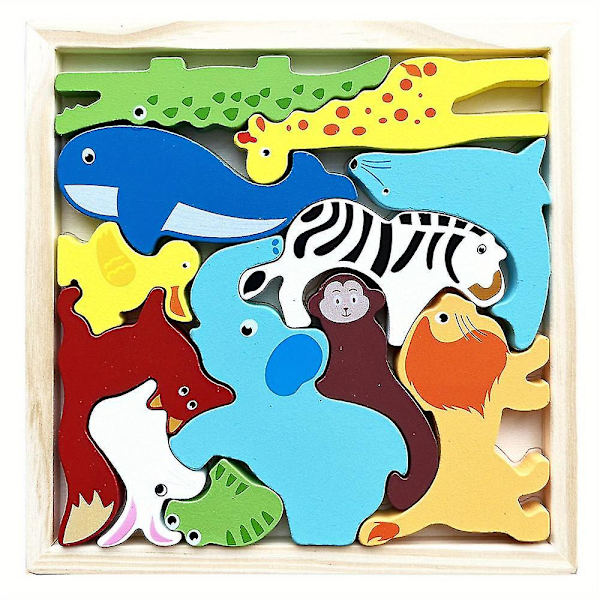 Träpussel byggsten Tecknad djur Kreativt temabräde Jigsaw Game Tidig pedagogisk leksak Wild Animals