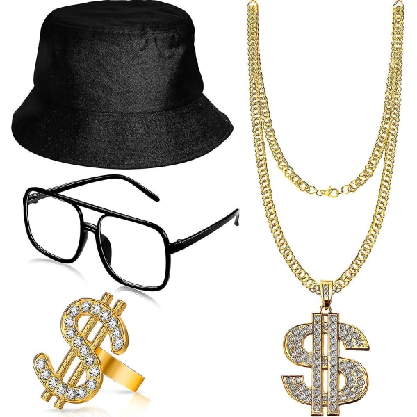 Hip Hop kostymkit, med hinkhatt, solglasögon, guldkedja och ring, 80-/90-tals rappartillbehör