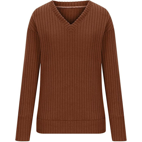 Dam tröja casual V-ringning långärmad stickad tröja klassisk enfärgad stretchig vinter varm pullover jumper toppar Brown S