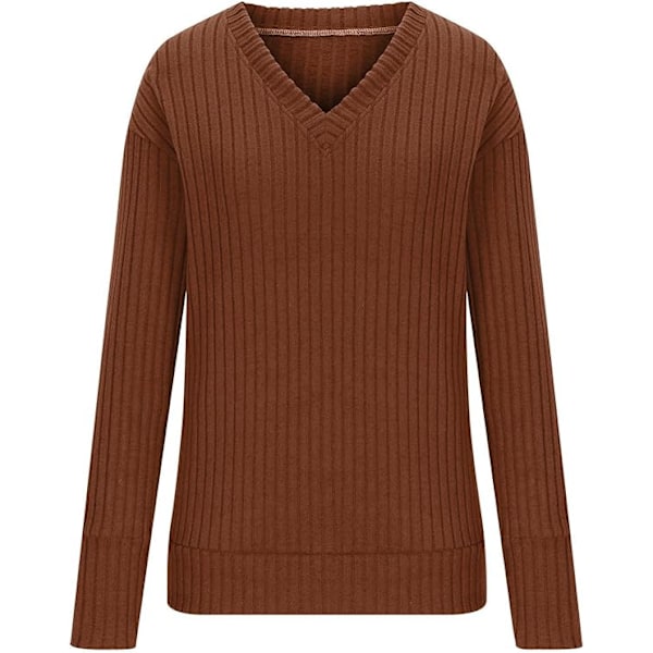 Kvinders Casual V-hals Langærmet Strikket Trøje Klassisk Ensfarvet Strækbar Vinter Varmt Pullover Jumper Toppe Brown L