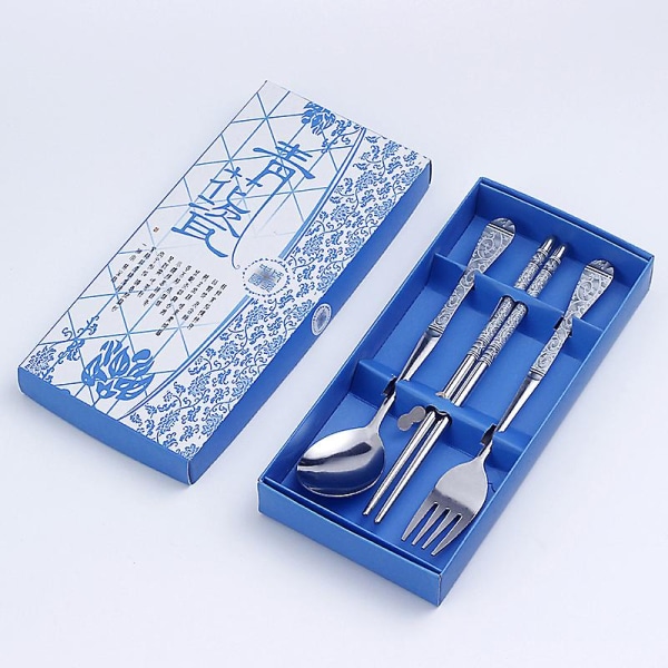 3 stk servise i rustfritt stål spisepinner skje gaffel gaveeske Bærbar reise Blue