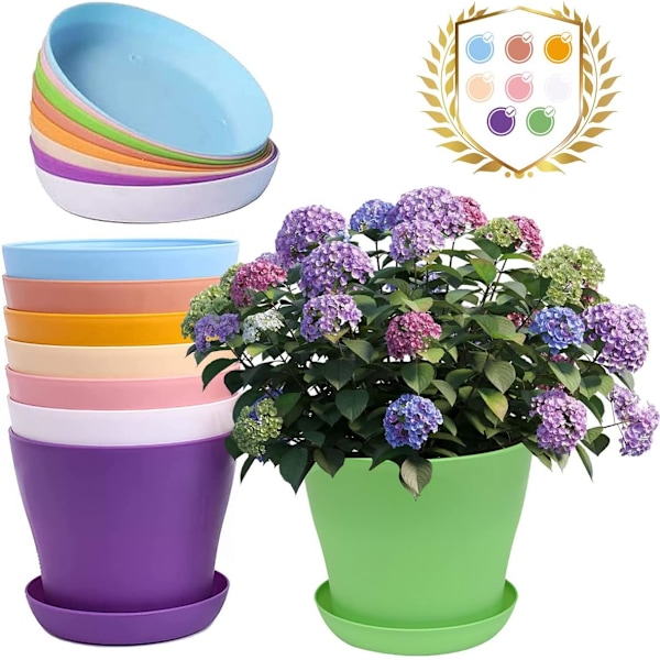 8 stk. 14 cm farverige plastikpotter, 5,5\" små plastikblomsterpotter, indendørs plantepotter, havepotter med underskål til alle stueplanter