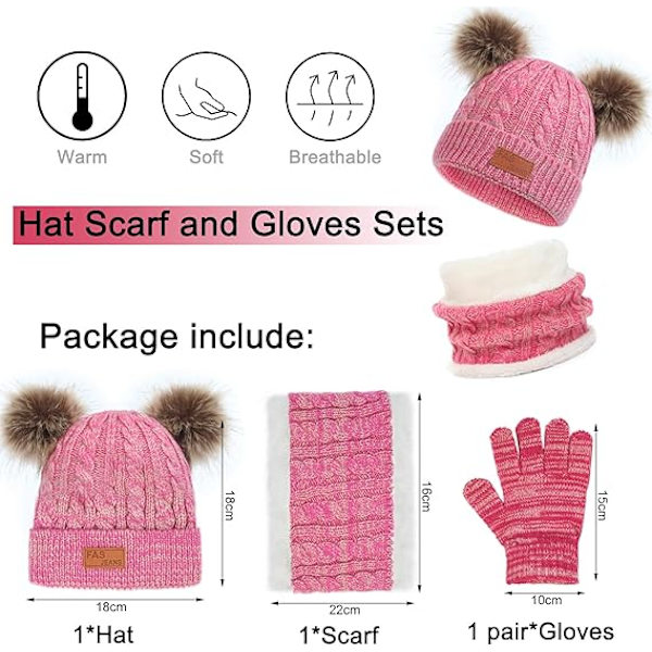 Barn Vintermössa Halsduk Vantar Set, Termisk Stickad Pom Pom Mössa Halsduk Vantar Set med Fleecefoder för Pojkar och Flickor 2-8, Barn Vinter
