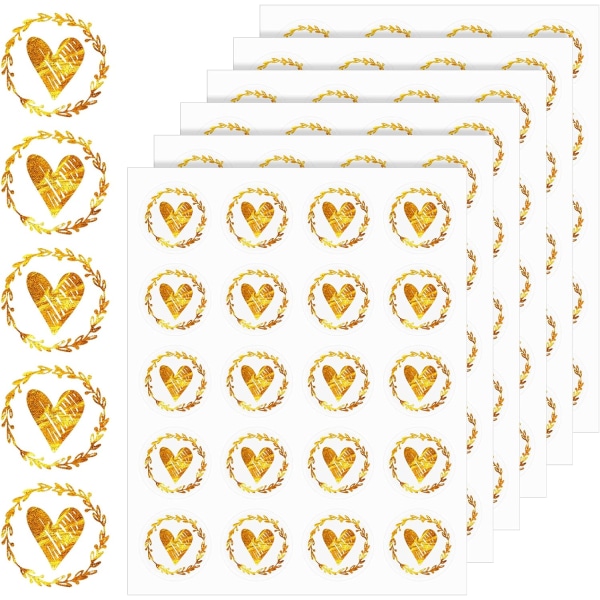 300 stk hjerteformede runde klistremerker - gjennomsiktig og gull - dekorative etiketter for bryllupsinvitasjonskort, konvolutter, morsdagsgaver