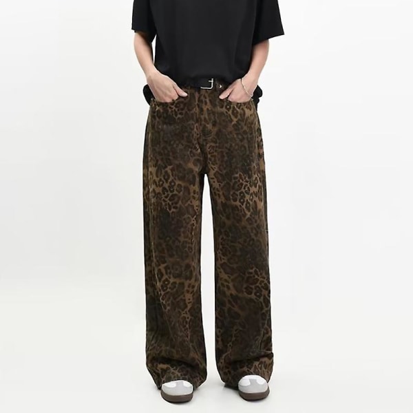 Tan Leopard Jeans Naisten Denim Pants Naisten leveät leveät housut leopard print XL