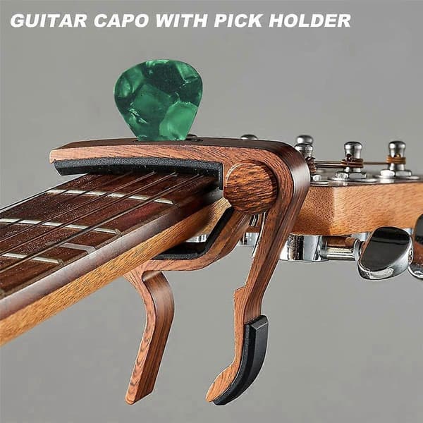 Gitarrkapo med plektrumhållare och 4 gitarrplektrum för akustisk gitarr, elgitarr, ukulele, mandolin och banjo