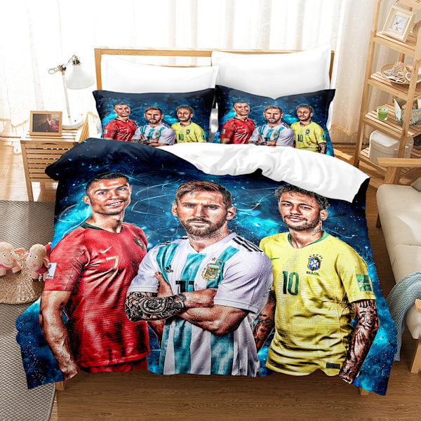 3D jalkapallotähti Cristiano Ronaldo, Messi, Mbappe ja muut sarjan vuodevaatteet, kuuluisa jalkapallojoukkue painettu mikrokuituinen pussilakana vetoketjulla 135*200