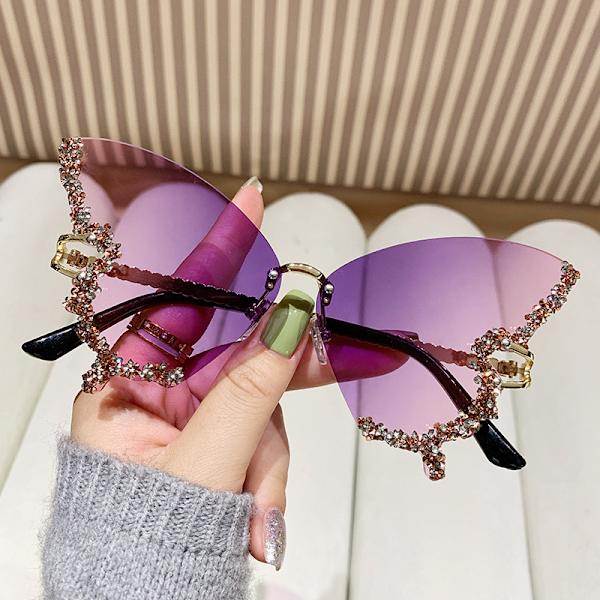 Dame Rimless Solbriller Sommerfugl Vintage-Retro Funky Farvede Diamant Rhinestone Briller Festival Rave 70'er Fest Solbriller UV Beskyttelse