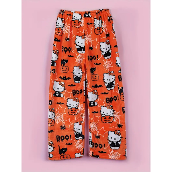 Cartoon KT katt pyjamas tjocka damer höst och vinter plus sammet varm fritids hem graffiti flanell byxor orange L