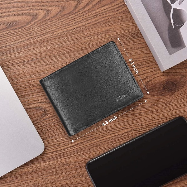 Slank tegnebog til mænd - tynd Bifold ægte læder Rfid blokering minimalistisk stilfuld frontlomme herre tegnebøger (a. Charcoal Black-id)