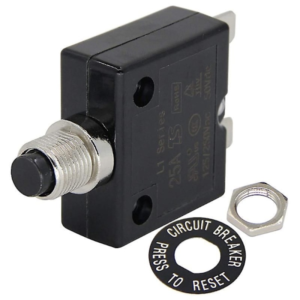 125-250V AC 50V DC Trykknap Strømafbryder 25A Termisk Overbelastningsbeskyttelse L1 Manuel Reset Termisk Strømafbryder Black