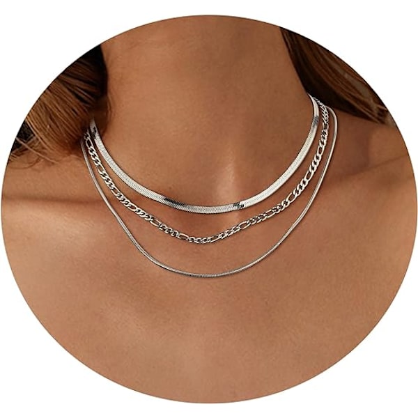3-delt halskjede for kvinner, justerbart lagdelt halskjedesett, stablebart choker-halskjede, perler, halskjede i rustfritt stål, sølvhalskjede for kvinner og jenter