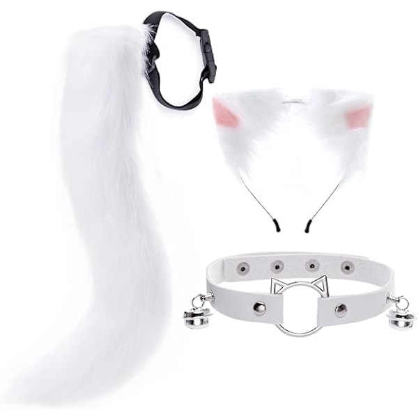 Räv konstgjord päls svans kattöron pannband Halloween fest kostym halsband choker cosplay set för kvinnor White