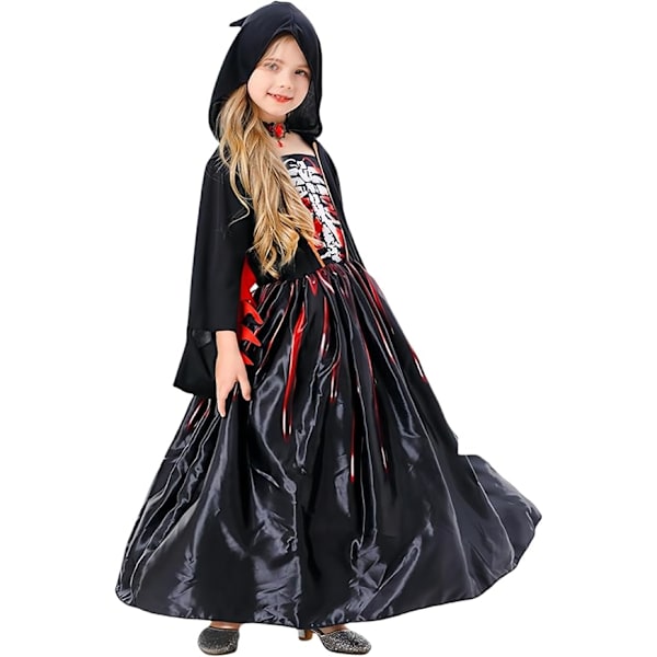 Eventyrlig Heks-kjole Halloween Rollespil Kostume med Hætte til Piger Black 8-10years