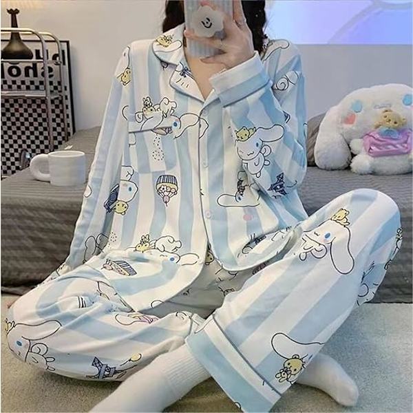 Kawaii Pyjamas Söta Cartoon Student Sovsal Hemkläder Flickvän Present Striped Cinnamoroll XXL