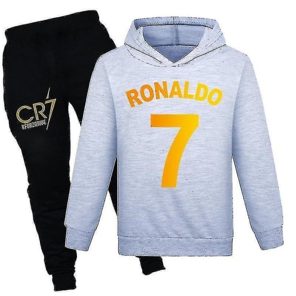 Barn Gutter Ronaldo 7 Print Uformell Hettegenser Joggedress Set Hoody Toppbuksedrakt Grey 130CM 7-8Y
