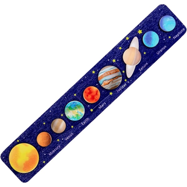 Trä solsystempussel för barn Rymdpussel med sol och planeter Färgglada lärande brädspel Vetenskapsleksaker för pojkar, flickor