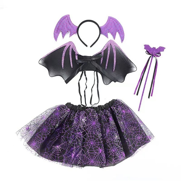 Halloween festkostyme 4 stk Barn Gutter Jenter Pannebånd Black Wings Skjørt Edderkopp/flaggermus Pinnesett Gaver Purple Bat