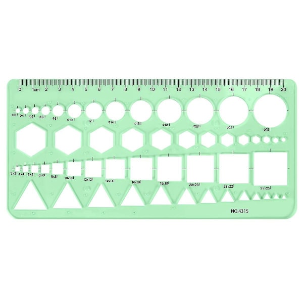 Grön Plast Cirklar Kvadrater Hexagoner Geometrisk Mall Linjal 0-20cm Black  Green