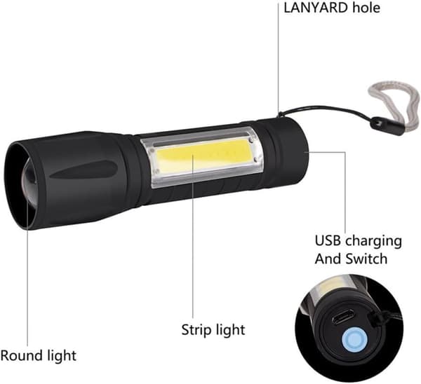1 kpl Cob-taskulamppu, kädessä pidettävä taskulamppu, hätätaskulamput, taskulamppu ulkokäyttöön, USB-ladattava taskulamppu