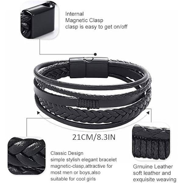 Herrearmbånd i ægte læder - Unisex læderarmbånd med flettet multilag og magnetisk spænde - Reb-armbånd til mænd og kvinder