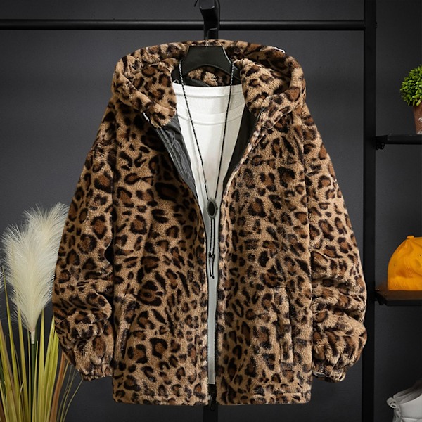 Leopardmönstrad långärmad jacka med fickor, dragkedja, vinter, tjock, dubbelsidig plysch, huva, ytterkläder för män Leopard 4XL