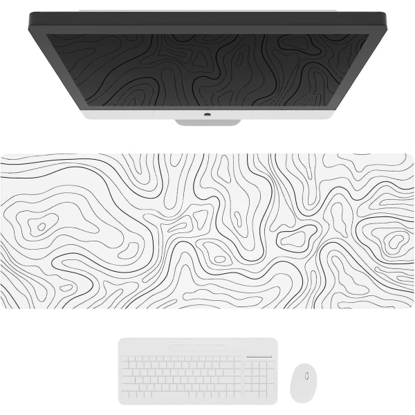 Stor spelmusmatta med sydda kanter, minimalistisk topografisk kartskrivbordsmatta, förlängd Xl-musmatta med halkskydd, cool skrivbordsmatta för tangentbord