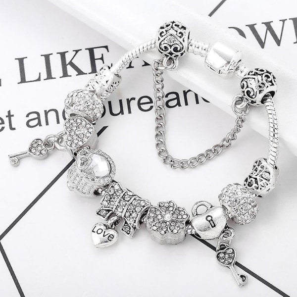 Pandora Plata Style Charm Armbånd Kvinner DIY Hjertelås Nøkkel Kjærlighetsbrev Henger Armbånd