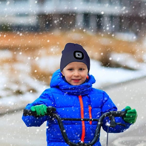 Led-belyst Beanie-hue til Børn, Genopladelig 4 Led Hovedlampehue, Strikket Vinterhue med Lommelygte til Cykling Løbetur Blue
