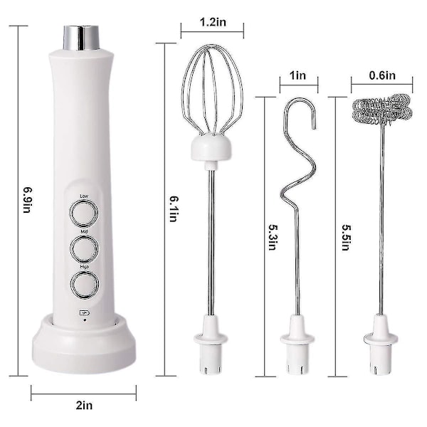 Melkeskummer Håndholdt, 3-trinns USB Oppladbar Elektrisk Visp, Mini Skummer, Med 3 Rustfrie Visper Perfekt For Bulletproof Kaffe, Latte, Cappuccino white