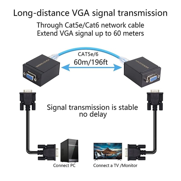 1 par VGA Extender 60m VGA til RJ45 Signal Extender Cat5e/6 Lan Ethernet 1080P sendermottaker for bærbar PC Black