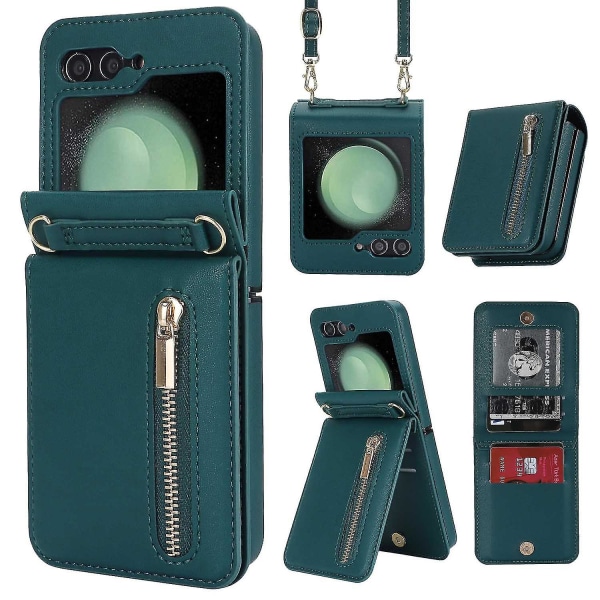 Z Flip 5 Case, Crossbody Dragkedja Case För Samsung Galaxy Z Flip 5 Med Korthållare Green