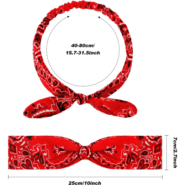 2 kpl Bandanas-päänauhat Retro Knot -pääpanta Paisley Print -pääpanta tytöille ja naisille (punainen, musta)