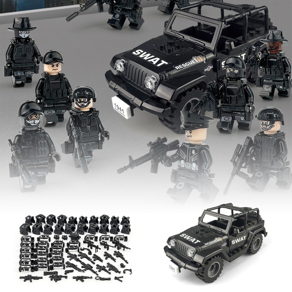 Militær byggeklosser-serien Sort spesial politi og bil småpartikler satt sammen minifigurleketøysett