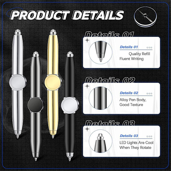 4 st Fidget Pen Spinner Pen med LED-ljus Multifunktionell Cool Ångestpenna Hjälp Stressreducerare Kulspetspenna (Som Visas) As Shown