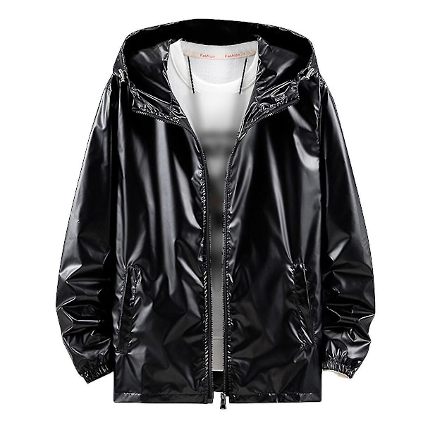 Sliktaa Miesten Kiiltävä Vedenpitävä Hupullinen Takki Black 3XL