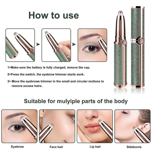 Øyenbrynstrimmer og ansiktshårfjerning for kvinner, elektrisk barberhøvel og smertefri hårfjerner 2 i 1 oppladbar innebygd