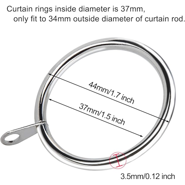MoonSing Metallgardinringar, 60 st Silver Hängande Ringar Draperiglidande Ögla med Fast Öga för Gardinstångsstång Voile Nät, 37 mm Innerdiameter