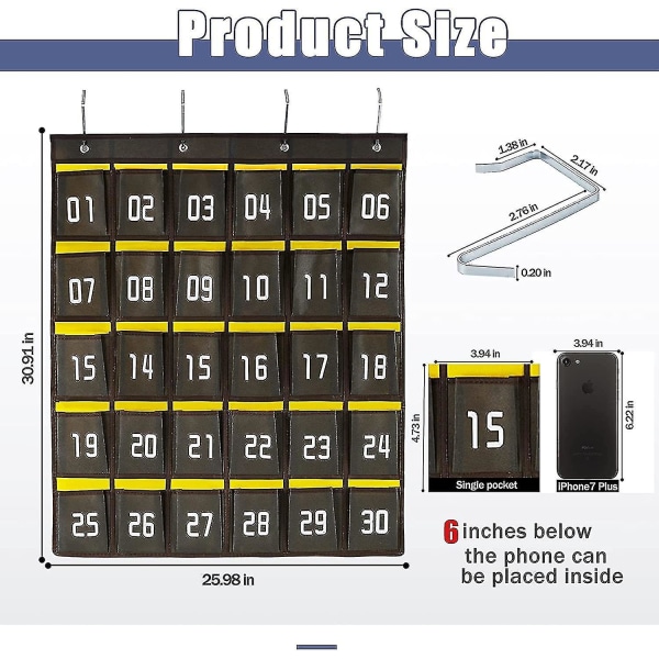 Numbered Classroom Sundries Closet Pocket Chart For Cell Phones Holder Wall Door Hanging Organizer (36 Pockets Grey)