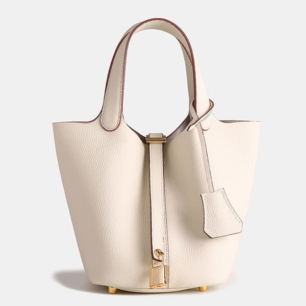 Spacious Leather Bucket Bag in Off-White Cowhide with Lychee Pattern for Daily Use Off-white