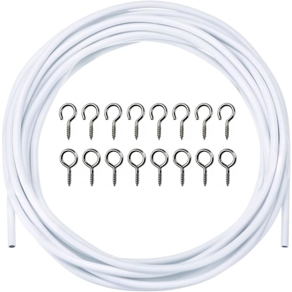 3 meter vit gardin tråd sladd kabel slöja tråd kabel, nät gardin tråd och krokar set med 8 ögon och 8 krokar