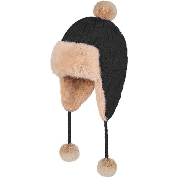 Dame Strikket Hue Vinter Fleece Foret Pom Pom Hue Peruviansk Hue Krøllet Hue Hæklede Hue Faux Pels Hue Øre Hue Udendørs Ski Snowboard Hue