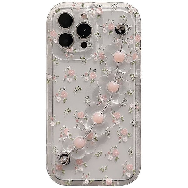 Kompatibel med iPhone 14 Pro Skal Söt Blomma Blommig Handledsrem Kedja Armband Genomskinligt Mjukt Skal för Kvinnor Flickor