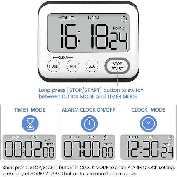 Svart Kökstimer, Multifunktionell Väckarklocka, Kökstimer Med Klocka, Digital Timer, Stoppur Med Stor LCD-Display