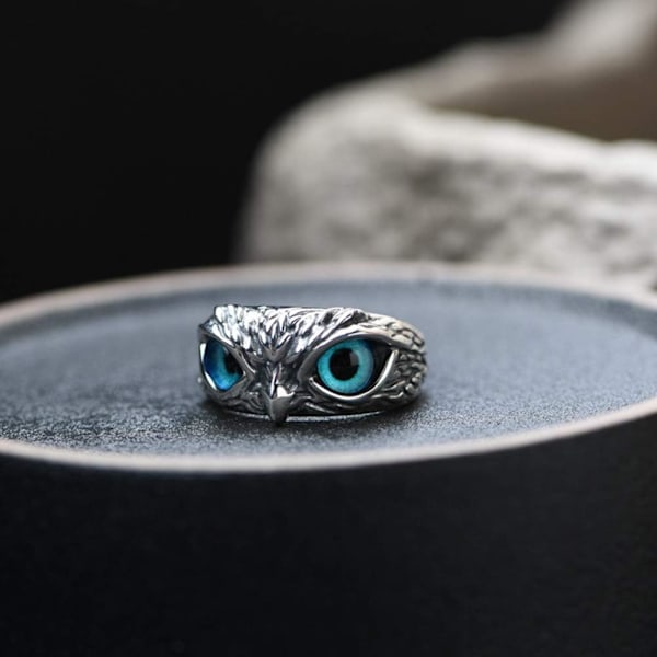 S925 Sterling Sølv Demon Eye Ugle Ring, Retro Dyr Åpen Justerbar Ring, Smykker Ring Gave til Kvinner Menn Elskere (Sterling Sølv)