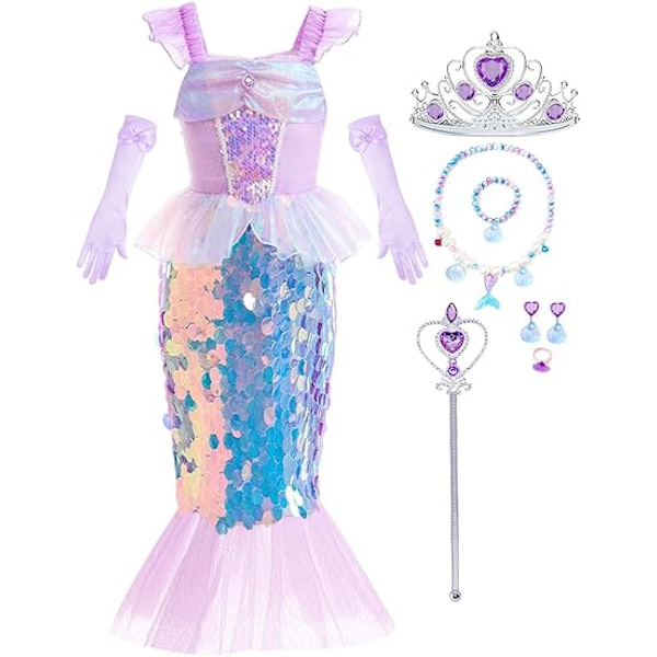 Liten Flickas Sjöjungfru Prinsessdräkt med Paljetter Festklänning för Småbarn Barn Baby Halloween Klä Upp med Tillbehör 130