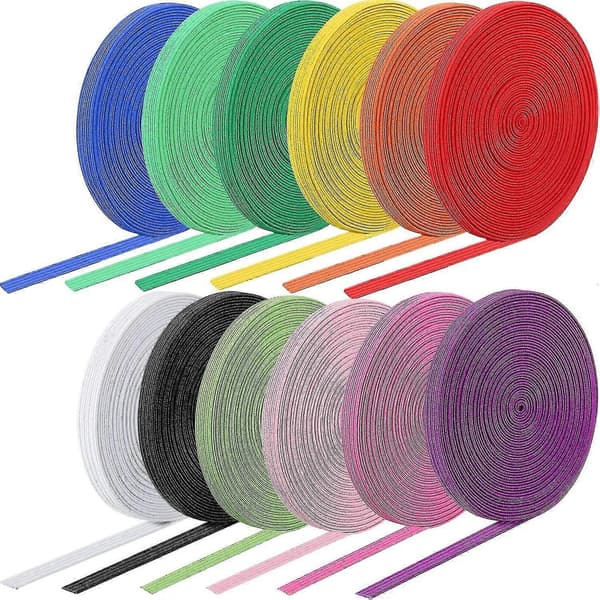 12 rullar färgade elastiska band, vikbart elastiskt rep, elastisk snodd, kraftig stretchrem, elastiskt stickat platt elastiskt band för sömnad, hantverk, gör-det-själv, sängkläder