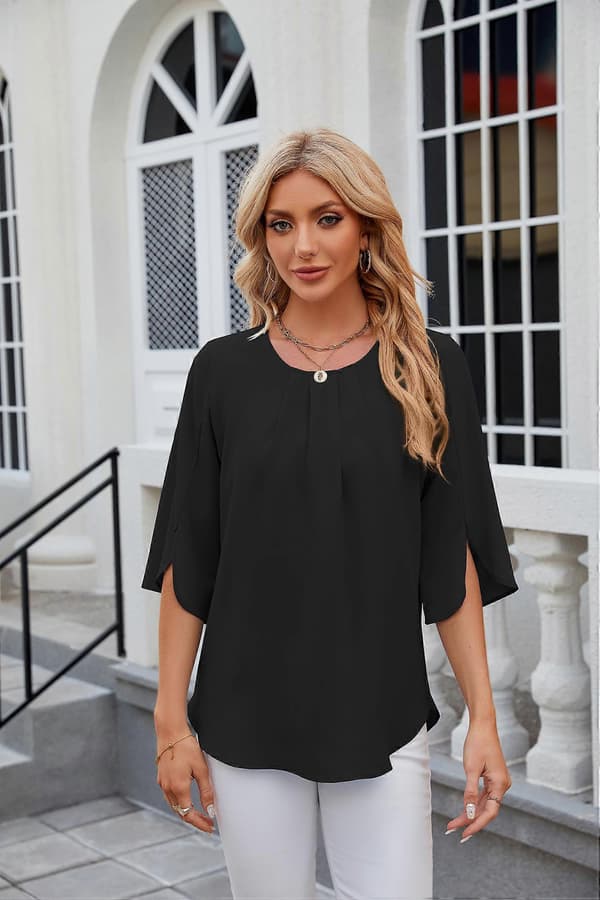 Damebluse, elegant V-hals, 3/4 ærmer, afslappede bluser, tunika toppe