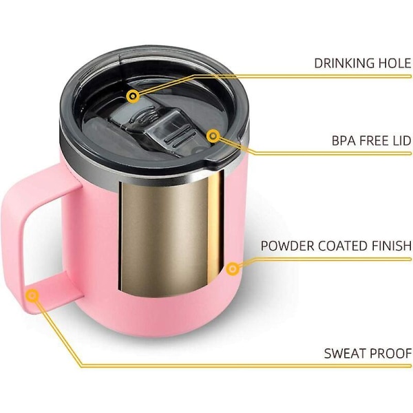 12 oz rustfrit stål isoleret kaffekrus, dobbeltvægget vakuum rejsekrus, drikkekrus med skydelåg, lyserød