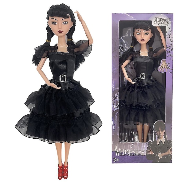11' The Addams Family -hahmo Wednesday Addams musta nukke mustassa mekossa, korkokengissä ja hiuksissa, lahja tytöille ja faneille